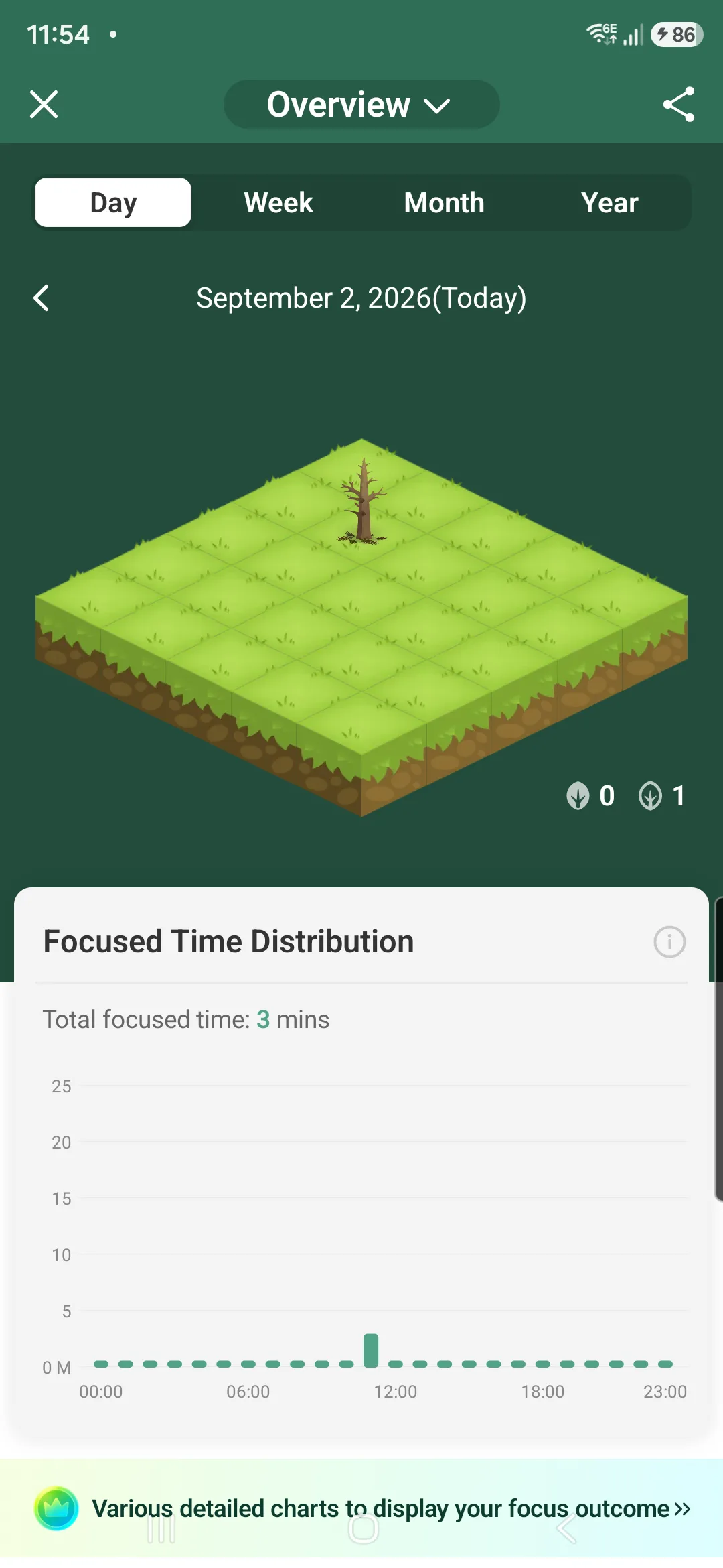 Forest's overview screen showing the day's forest plot with one withered tree and a focused-time chart