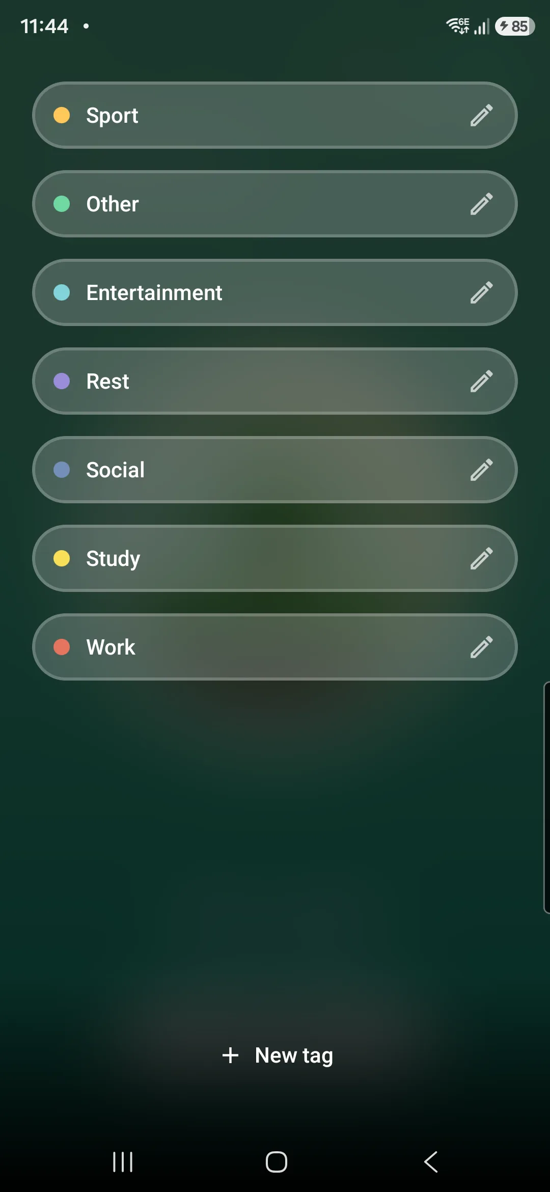 Forest's tag picker with labels like Study, Work, Rest and Social