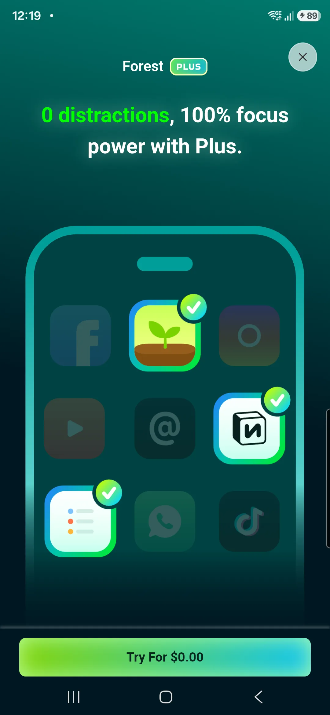 The Forest Plus subscription screen offering a free trial