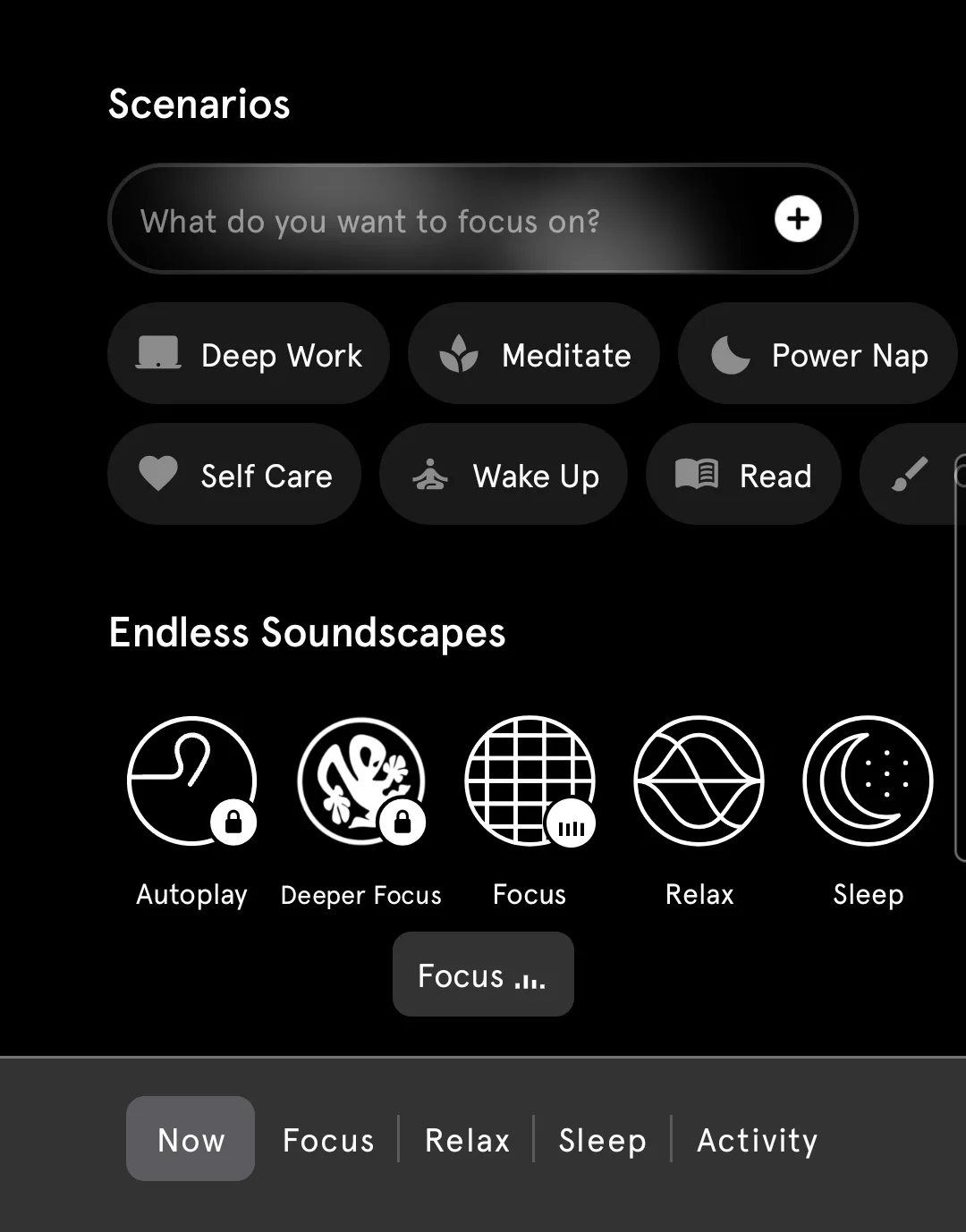 Endel's home screen on black: scenario buttons including Deep Work, Meditate, Power Nap and Read, and round icons for the Autoplay, Deeper Focus, Focus, Relax and Sleep soundscapes