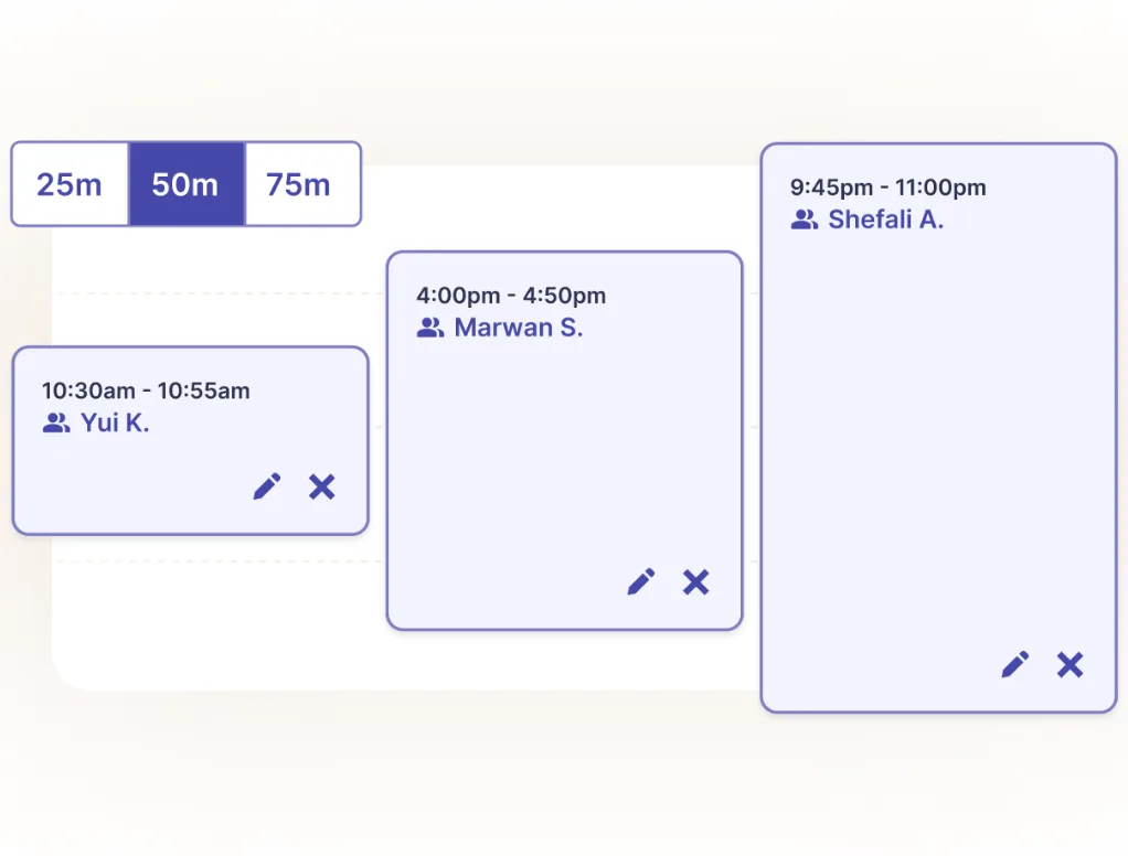 An illustration of Focusmate's calendar: buttons for 25, 50 and 75 minutes with 50 selected, and three booked session cards, each with a time and a partner's first name