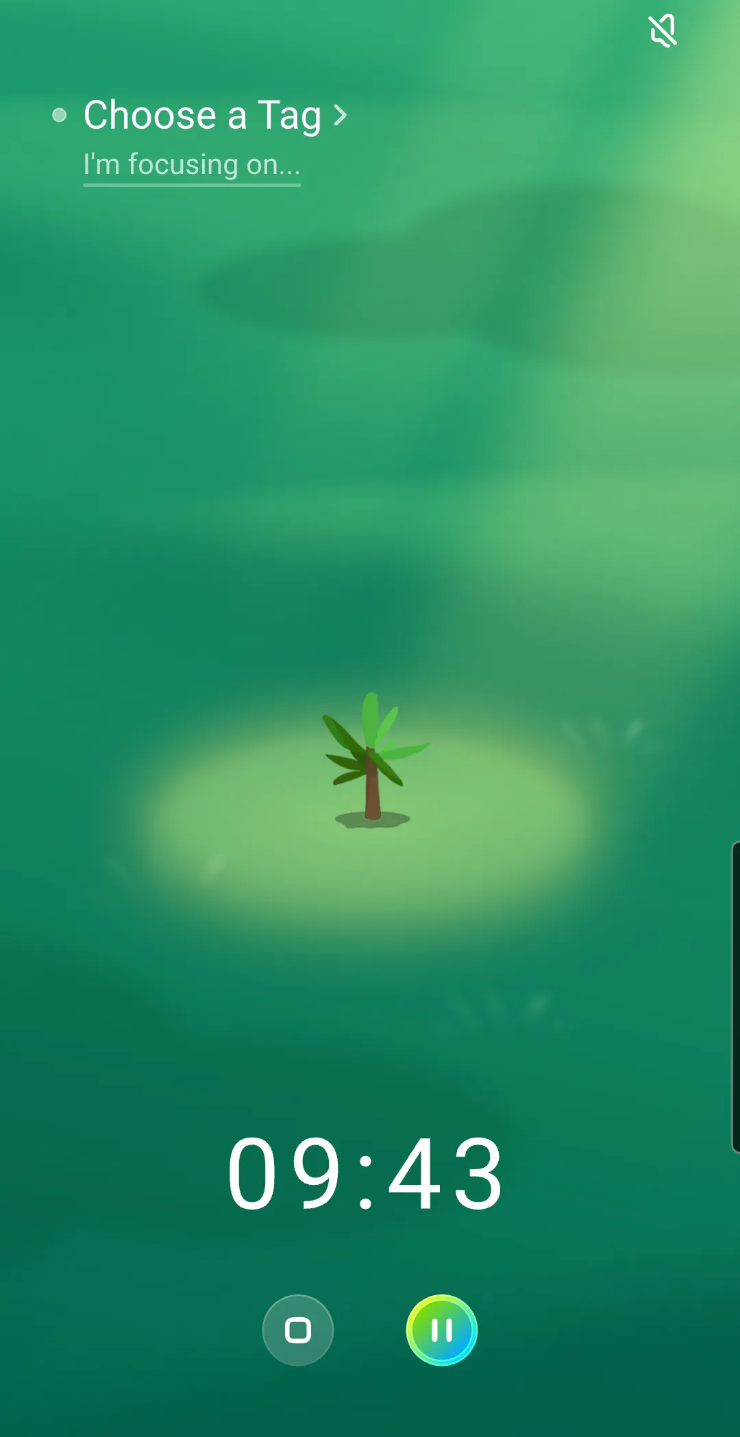 Forest's session screen: a small tree on a round patch of grass against a green background, a 09:43 countdown, and pause and stop buttons below it