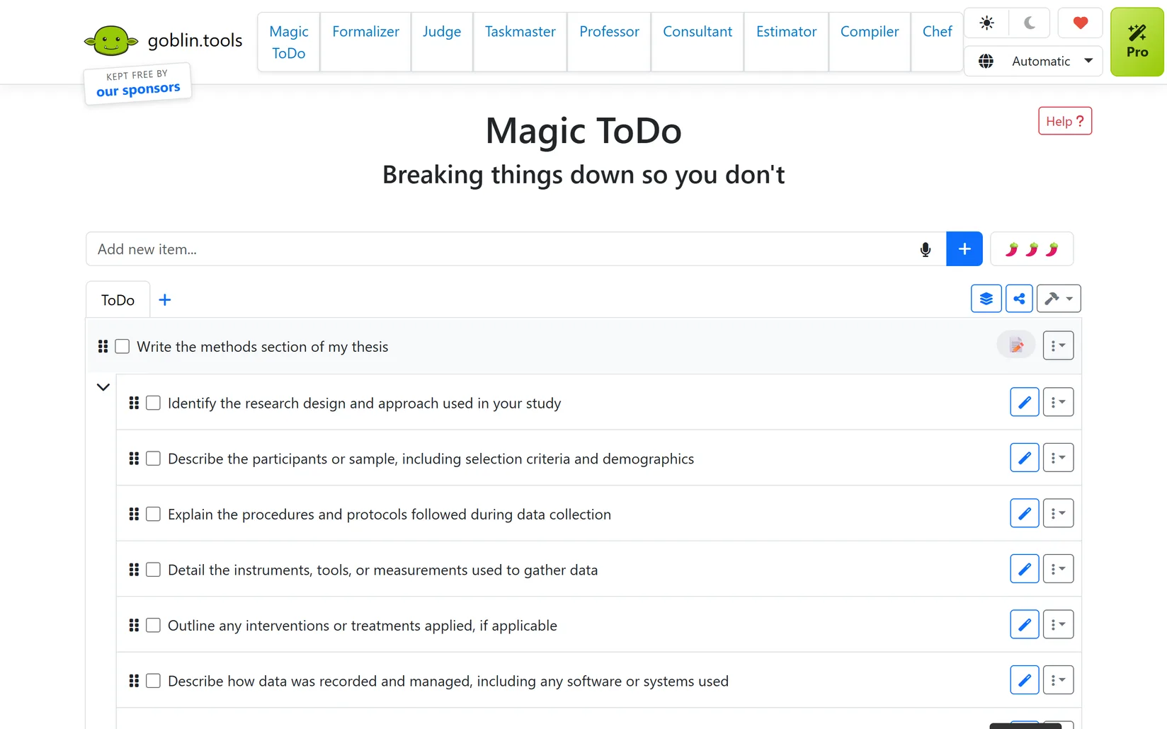 Goblin Tools' Magic ToDo page with the task "Write the methods section of my thesis" and suggested steps under it, starting with identifying the research design