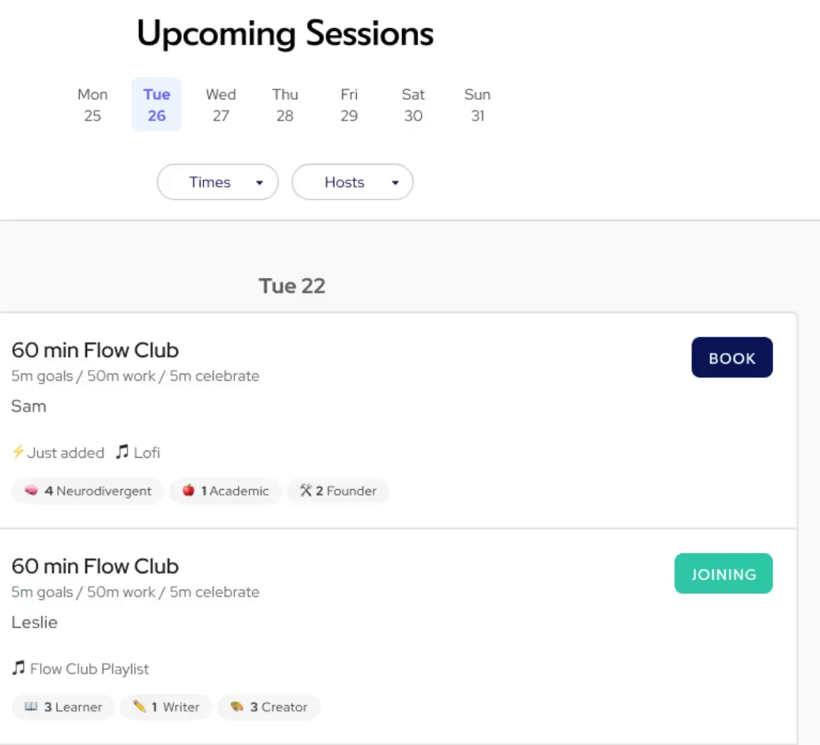 Flow Club's Upcoming Sessions page: a week of dates, Times and Hosts filters, and two 60-minute sessions of goals, work and celebration, with Book and Joining buttons