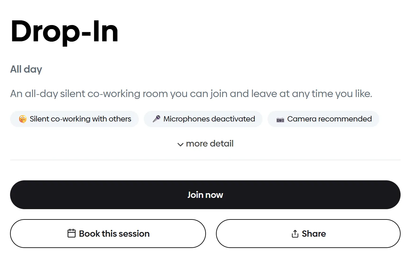 Flown's Drop-In details: All day, an all-day silent co-working room you can join and leave at any time, tags including Microphones deactivated, and Join now and Book this session buttons