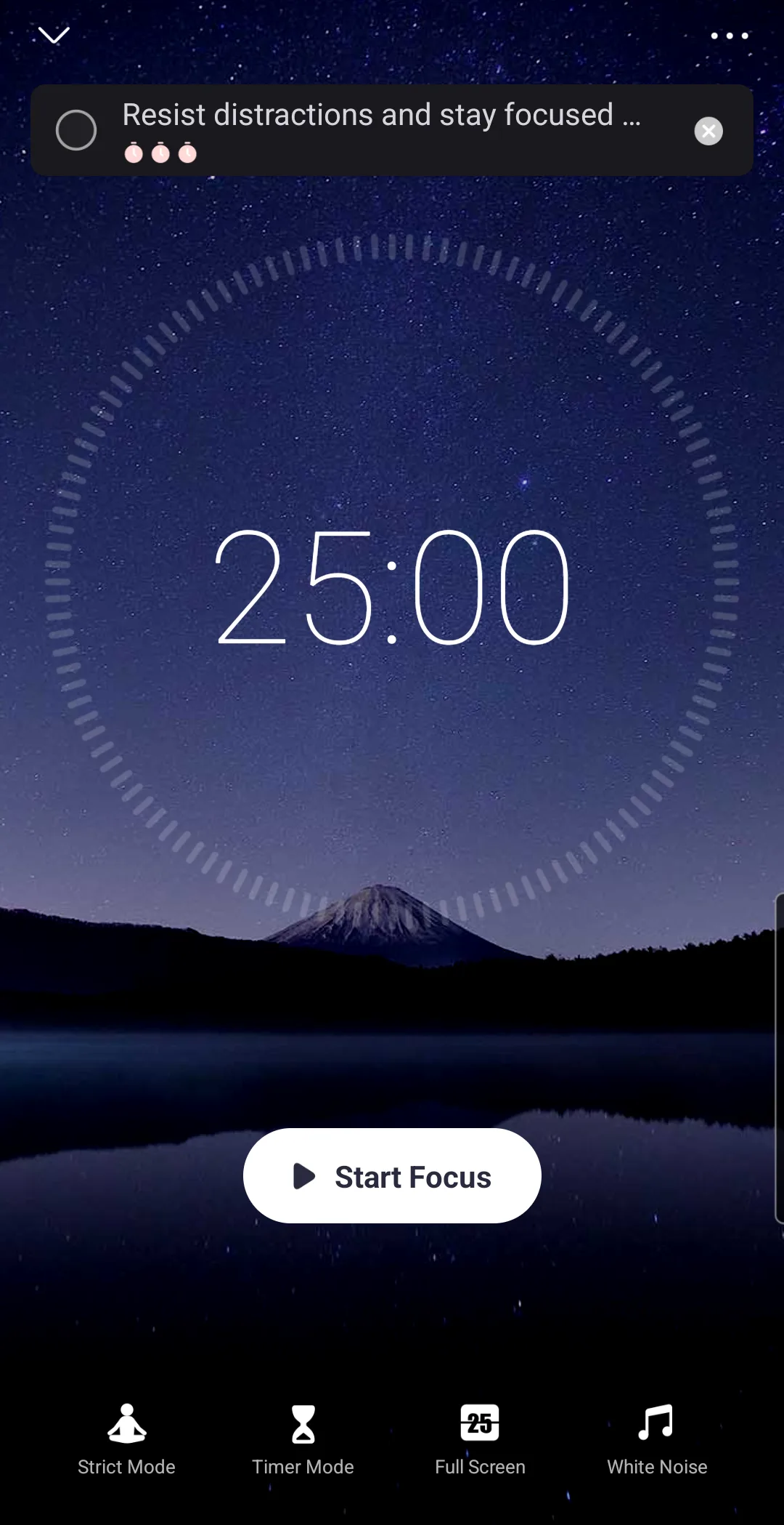 Focus To-Do's timer screen: 25:00 in a dial over a night landscape, a task at the top, a Start Focus button, and Strict Mode, Timer Mode, Full Screen and White Noise buttons