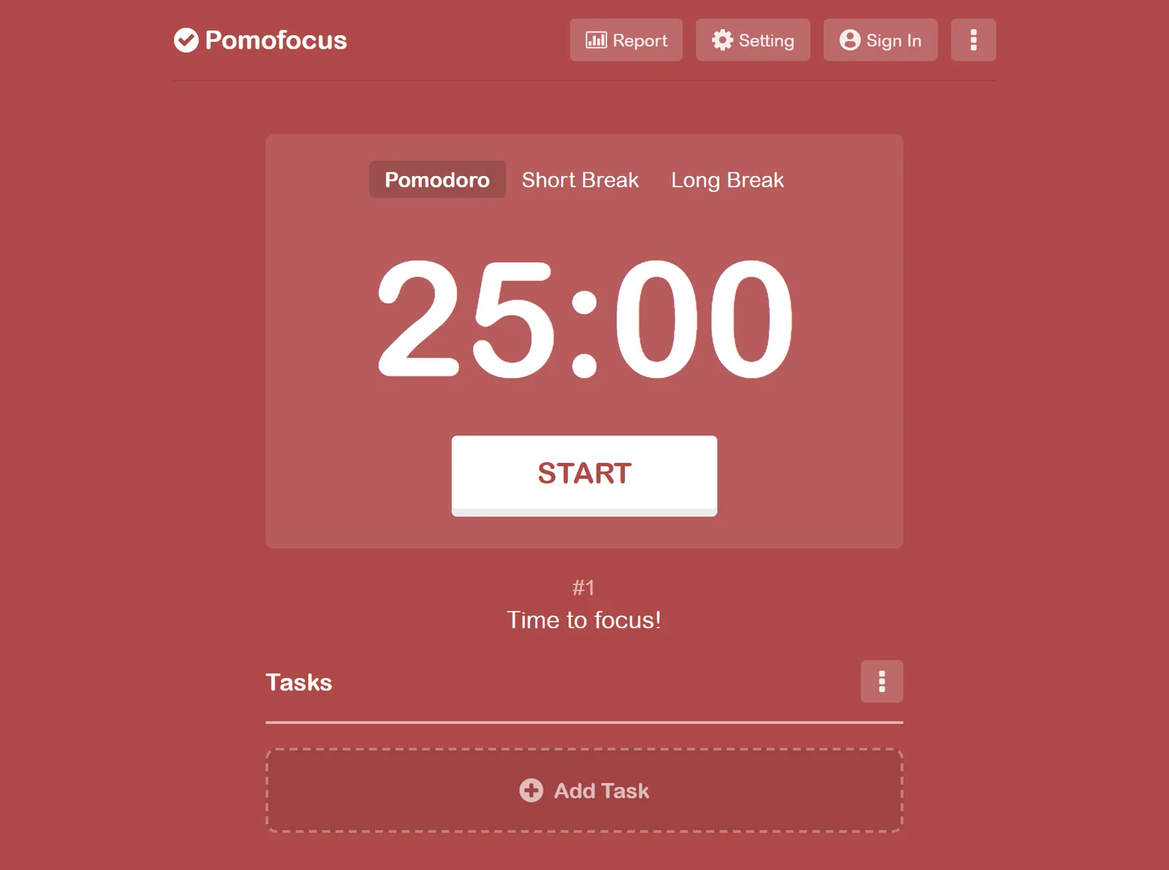 The Pomofocus page on a red background: Pomodoro, Short Break and Long Break tabs, a 25:00 timer with a Start button, and an empty task list with an Add Task button