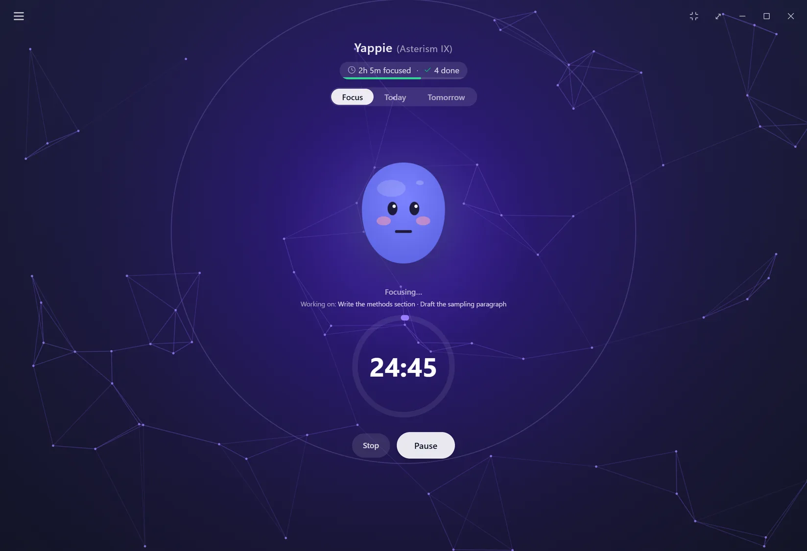 Yappie's Focus tab: a violet pet above a timer ring reading 24:45, the line "Working on: Write the methods section, Draft the sampling paragraph", and Stop and Pause buttons