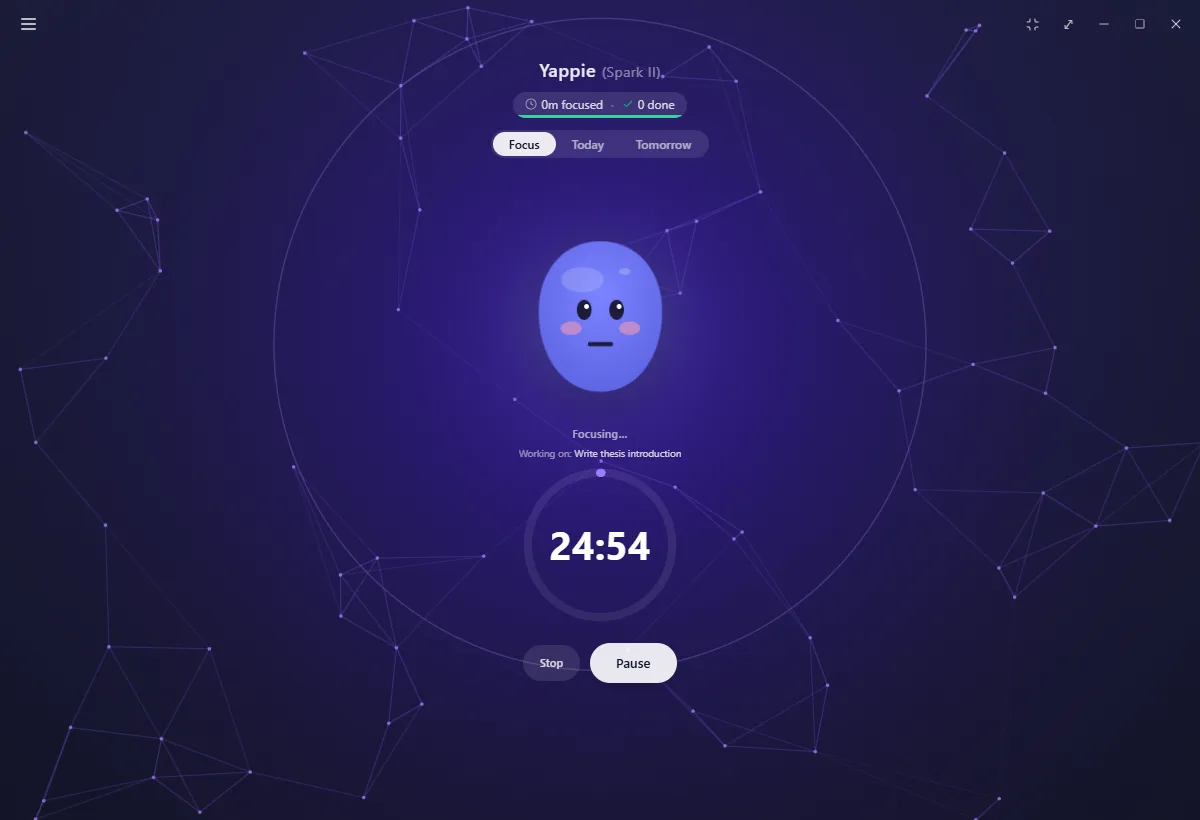 Yappie's focus session: the pet sitting above the running timer ring, which reads 24 minutes 54 seconds left