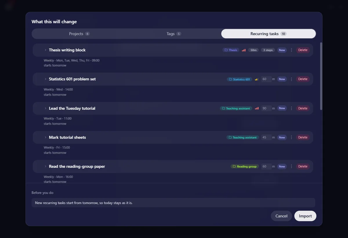 Yappie's import preview, open on the Recurring tasks tab: five of the ten recurring tasks a pasted plan would add, each marked New with its project, length and weekly rule
