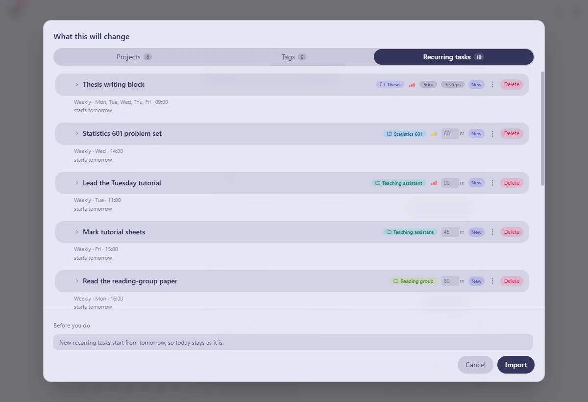 Yappie's import preview, open on the Recurring tasks tab: five of the ten recurring tasks a pasted plan would add, each marked New with its project, length and weekly rule