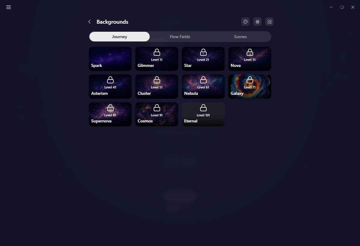 The Backgrounds page on desktop, showing the category tabs and a grid of scenes