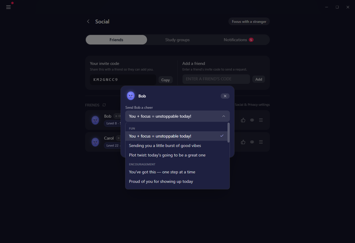 The cheer picker with its six mood groups and the messages inside one of them