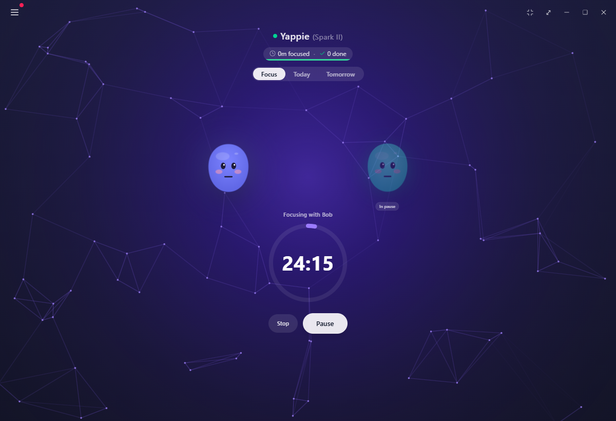 Two pets side by side on the Focus page during a shared session, one dimmed with an In pause badge