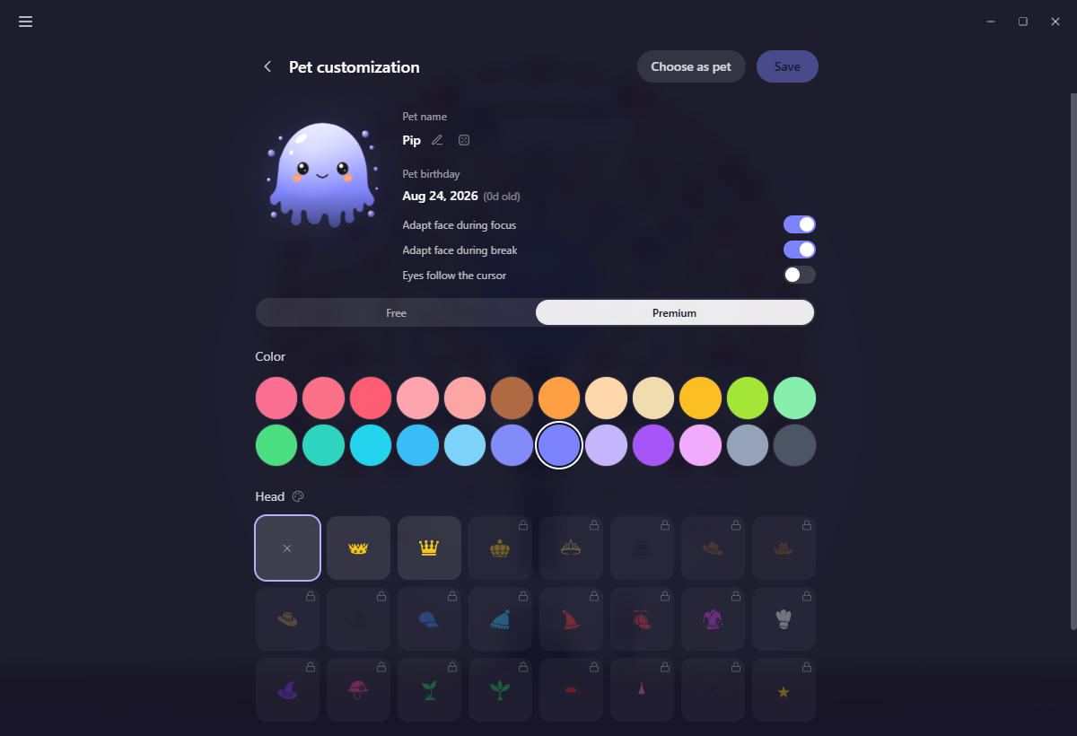 Pet customization on the Premium tab, showing the premium body with its hat and glasses wardrobe