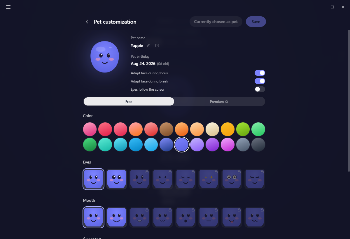 Pet customization with the large preview, the name and birthday, and the Free tab of pickers