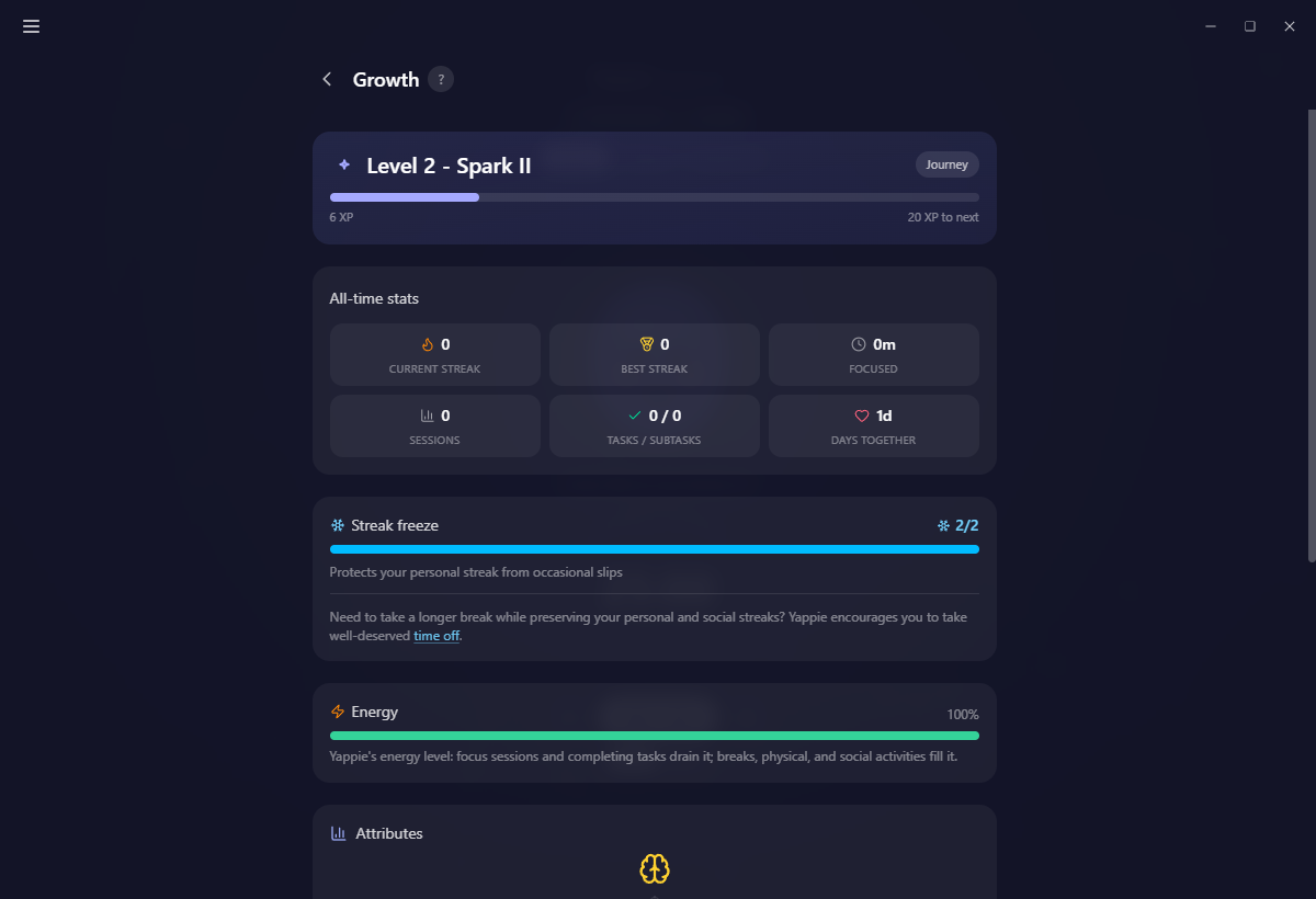 The Growth page's streak freeze card, showing how many freezes are banked and how much focus time fills the next one