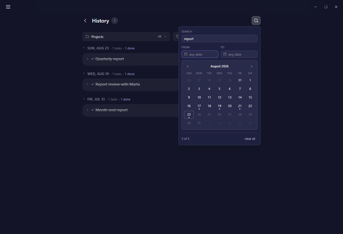 The find panel with its date range on the themed calendar and a text search, showing the results counter
