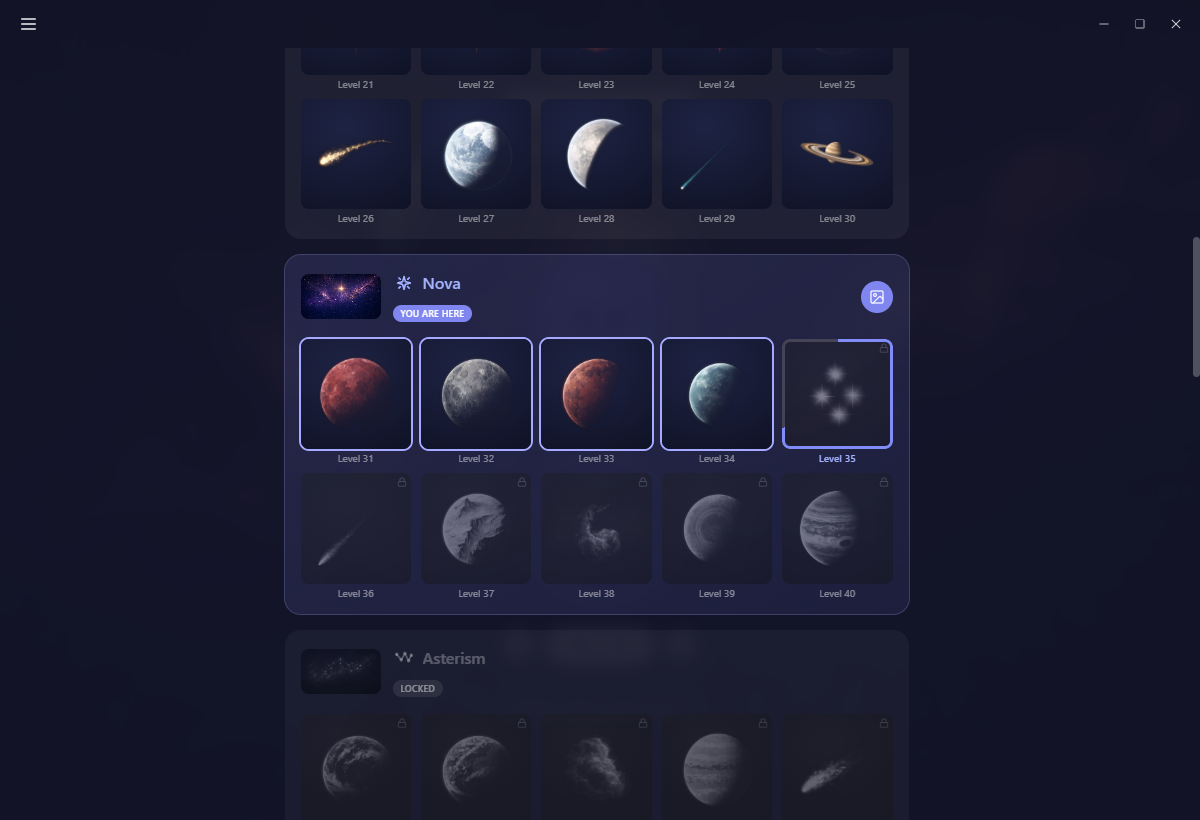 A reached title with its element switches lit, showing which pieces of the sky are currently on