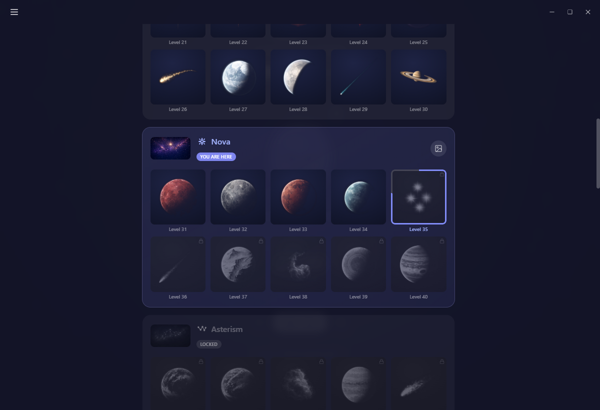 The Journey roadmap on desktop, with the current title marked "You are here", its ten level tiles showing the sky element each one unlocks, and the later titles dimmed