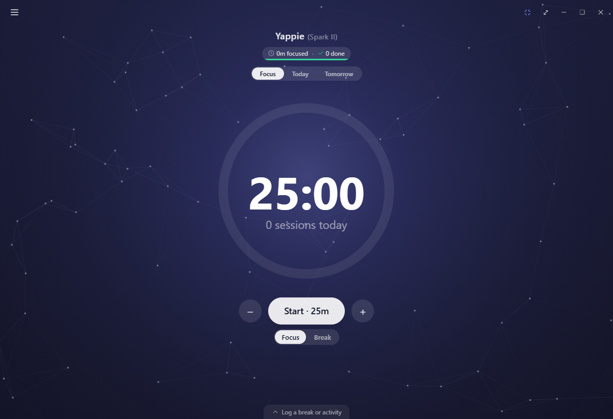 The Focus tab in minimalist mode: no pet, only a large countdown ring and its controls