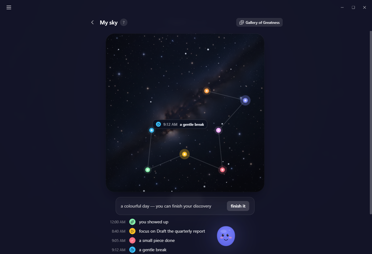 Hovering a star on My sky, showing a small card that names the moment and the time it happened