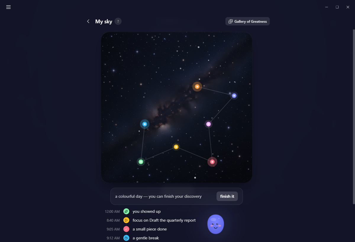 My sky on desktop, part way through a day: a handful of coloured stars in the night-sky square, faint threads between them, and the day's log running down beside Yappie