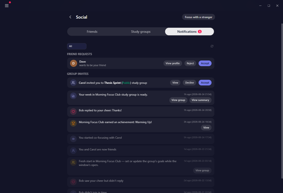 The Notifications feed with New and Earlier sections and the filter chips along the top