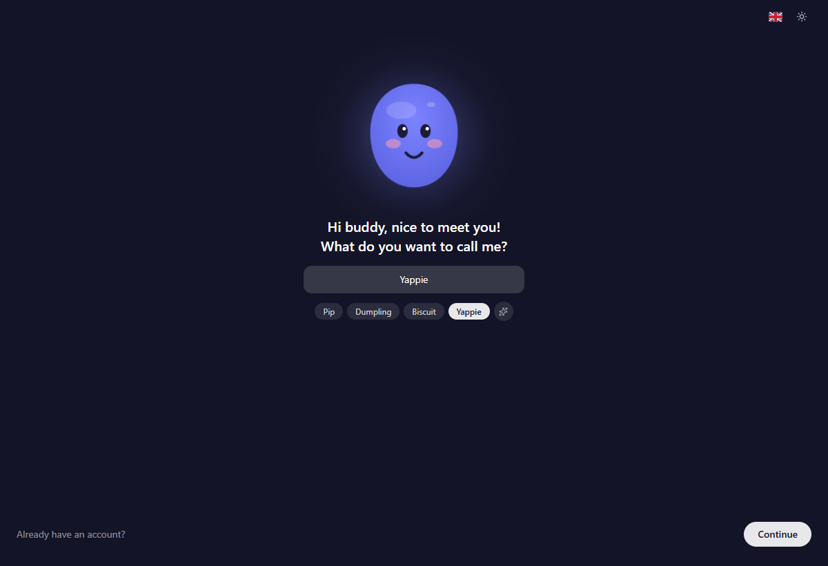The first-run welcome screen: Yappie has landed, with a name field, four tappable name suggestions and a shuffle button