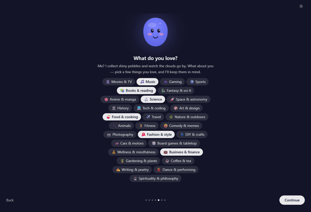 The topics step: thirty tappable interest chips, several of them selected