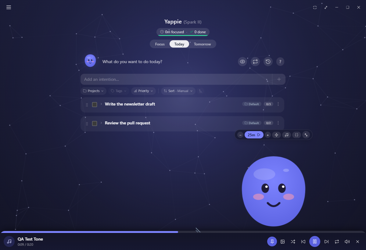 The floating Yappie companion window sitting on top of another application, with its hover control bar showing the timer controls