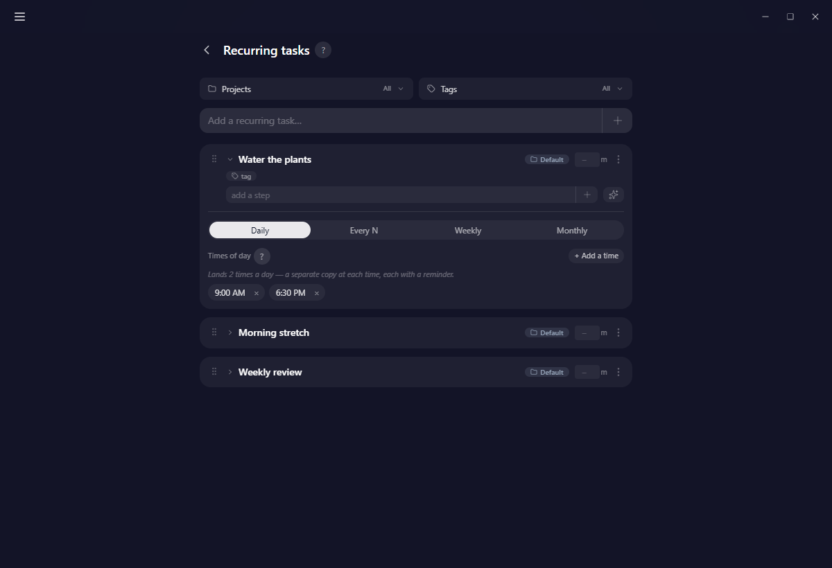 A recurring task card open on its Times of day section