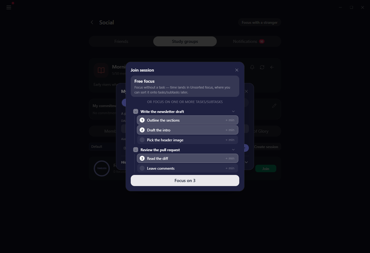 The join dialog with tasks and subtasks picked into a session checklist