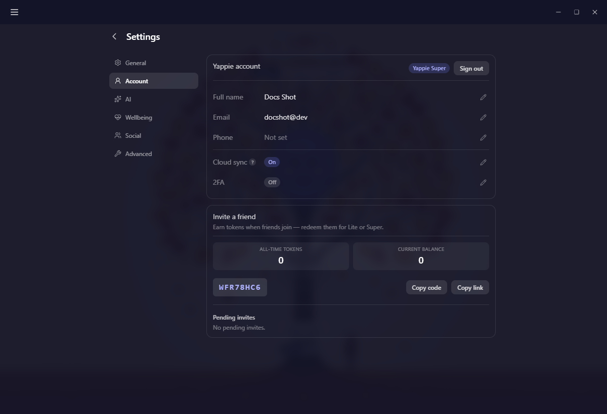 Settings → Account while signed in: the plan badge, name, email, cloud sync and two-factor rows, and the referral wallet