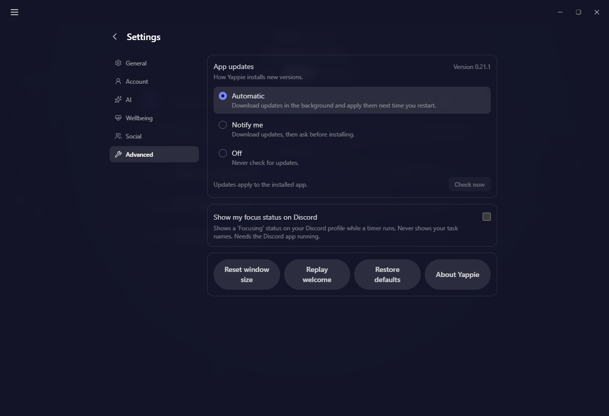 The Advanced tab of Settings, with the update mode, the last-checked line and the four maintenance buttons