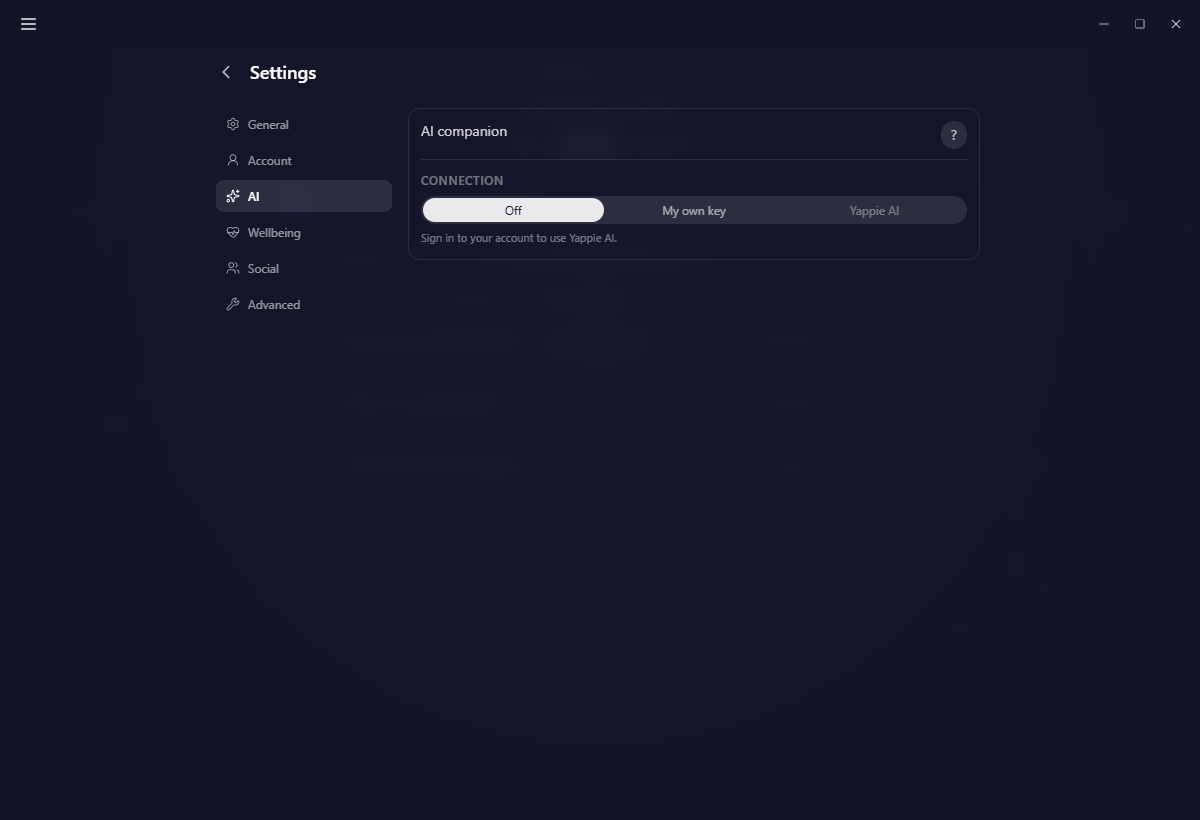 Settings on desktop showing the three AI modes and the daily quota line