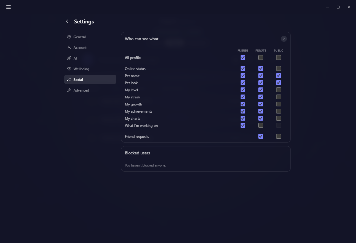 Settings, Social, showing the Who can see what grid with ten rows against the Friends, Private and Public columns