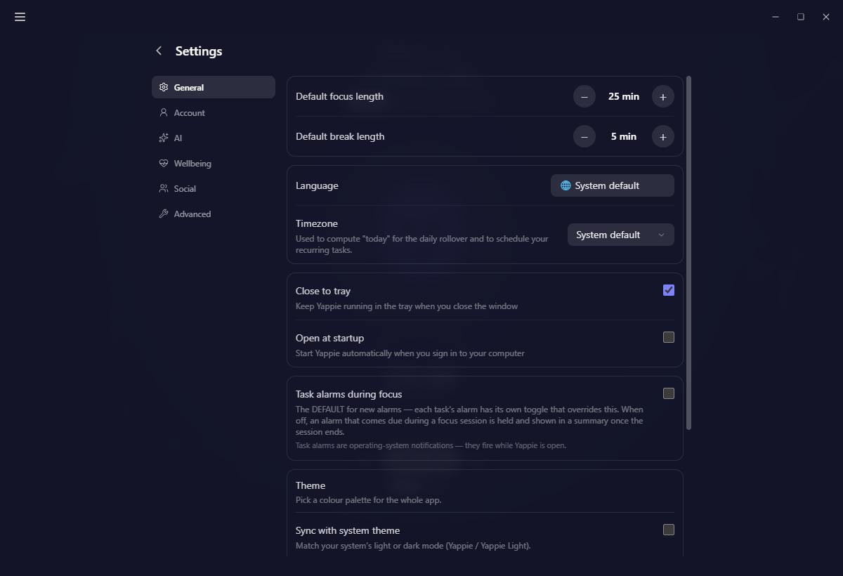 Settings on desktop with the ten-theme picker, dark group first