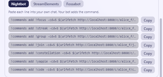 Settings, Streaming: the ready-made Nightbot lines, one per command, each with a Copy button