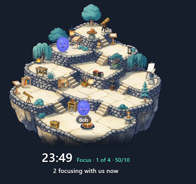 The study room layout in Room mode: the village with two pets, one named Bob, the countdown, and "2 focusing with us now"