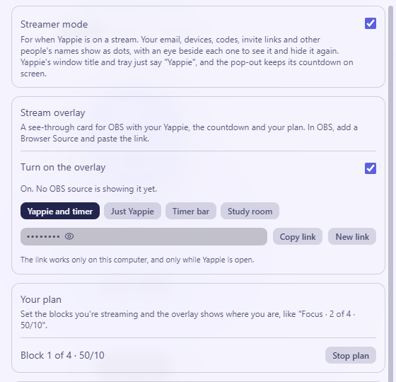 Settings, Streaming: the Stream overlay card with its layout buttons and the hidden link, and the Your plan card