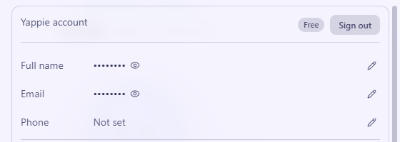 Settings, Account, with streamer mode on: the name and email shown as dots, each with an eye beside it