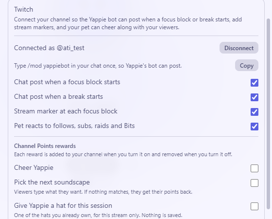 Settings, Streaming, Twitch: connected, the line to type to make the bot a moderator, and the switches