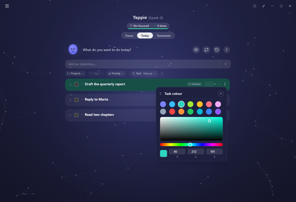 The in-app colour picker with preset swatches, a colour square, a hue slider and RGB boxes