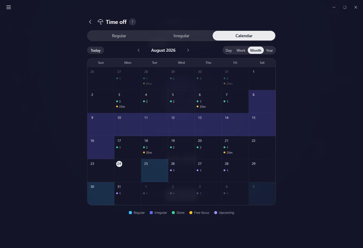The Calendar in Month view, rest days tinted and coloured dots marking finished work and what is coming
