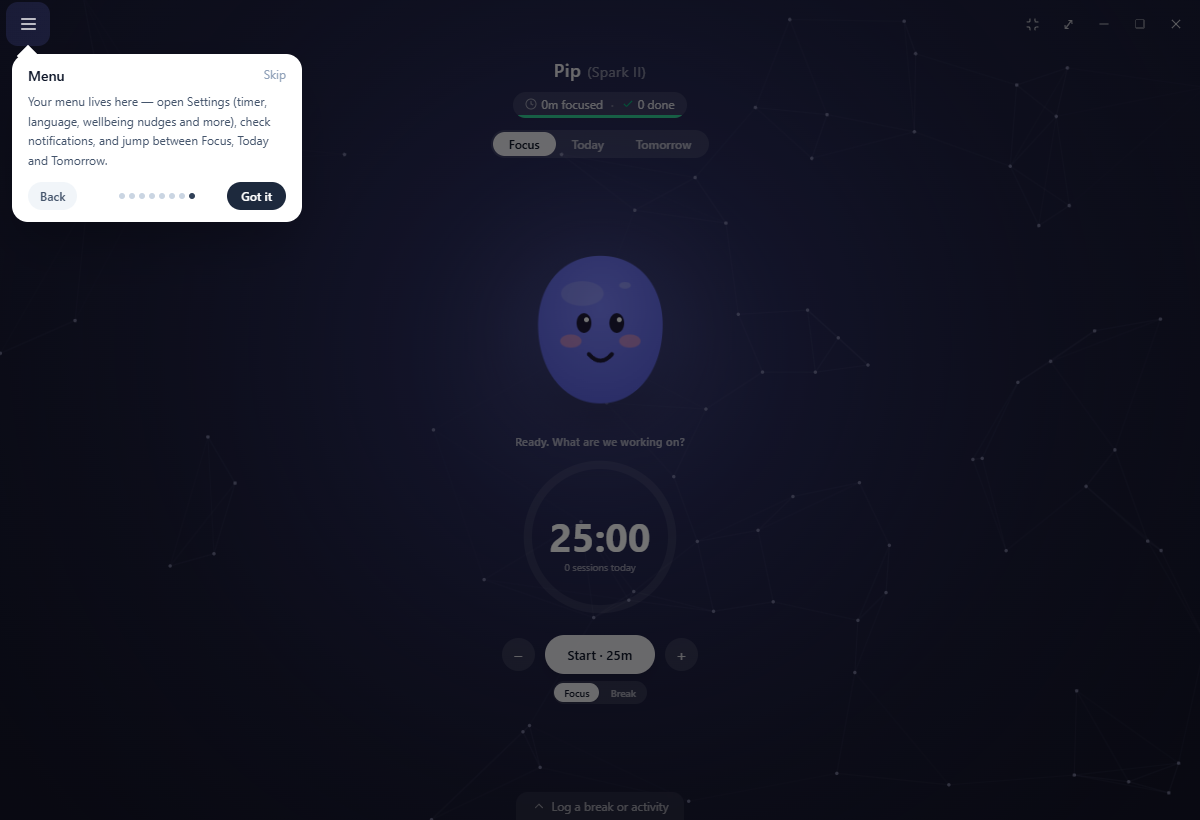 The first-run tour: the window dimmed with a single card pointing at the Menu button
