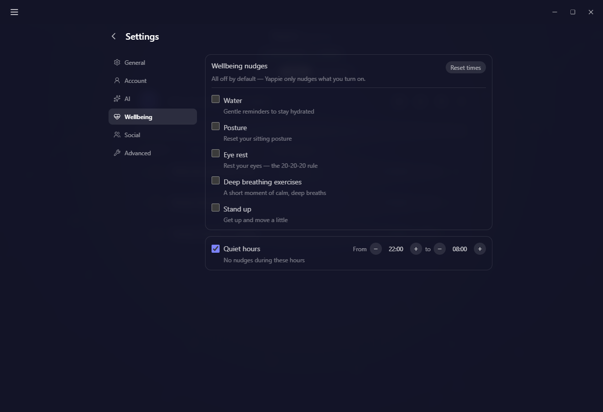 The Wellbeing settings with the five nudges, their intervals and quiet hours