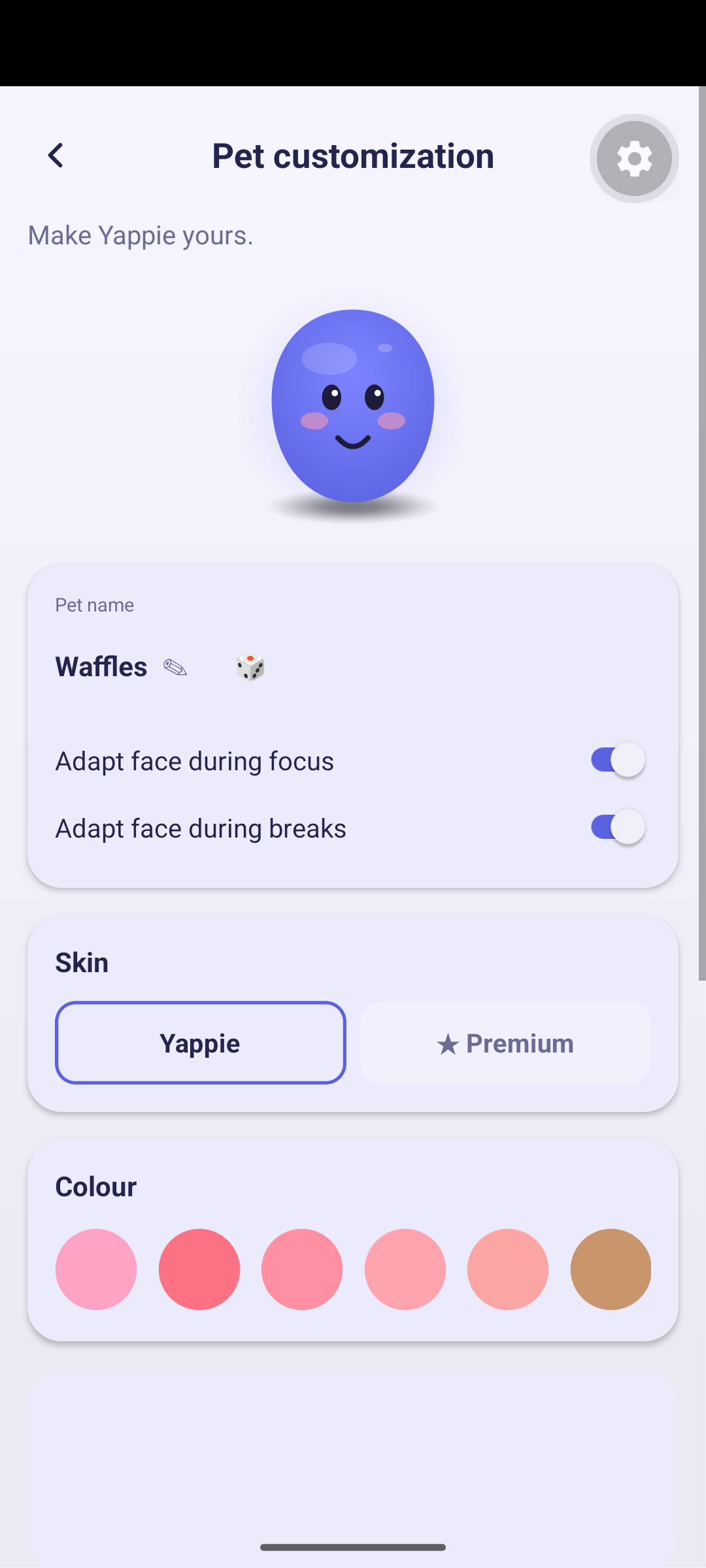 Pet customization on mobile with its scrolling swatch strips