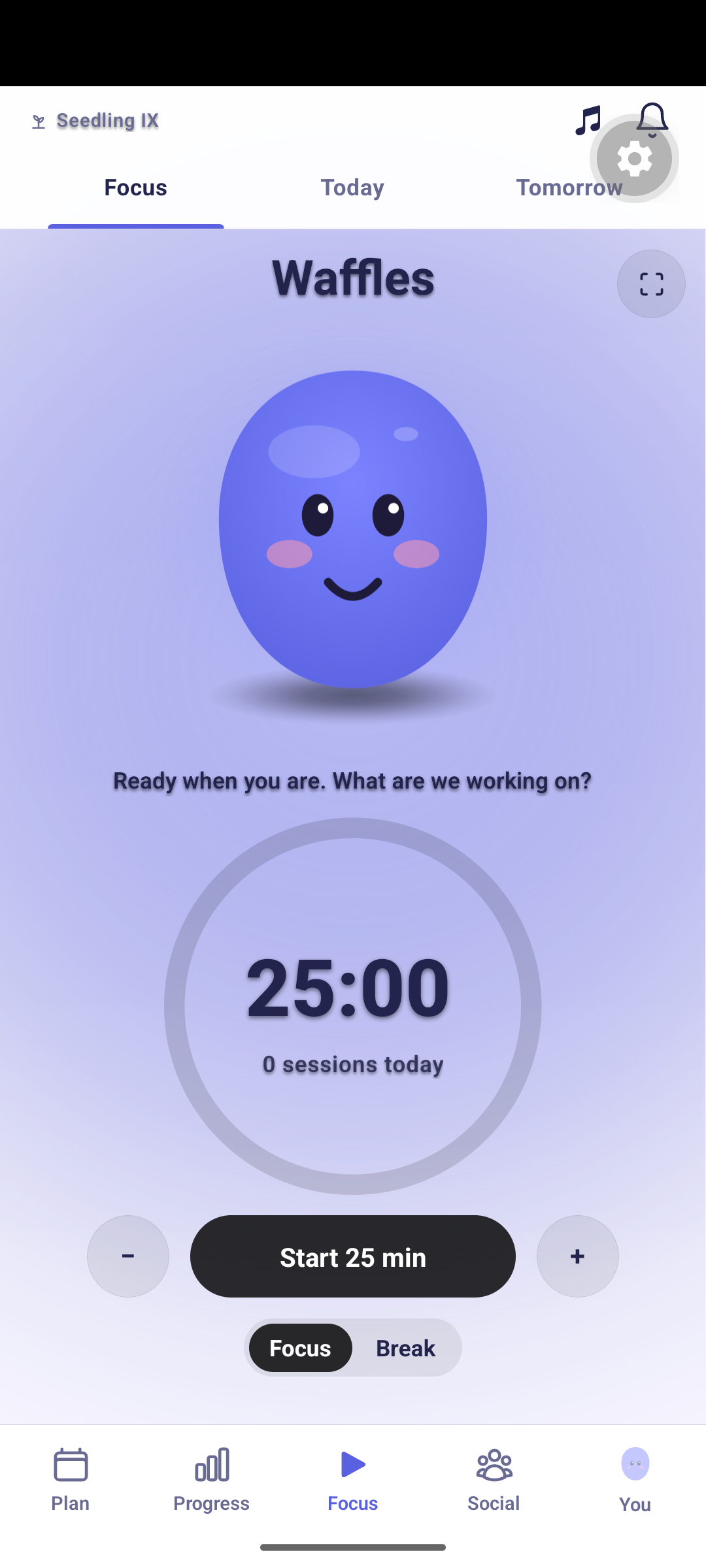 The Yappie Focus page on a phone, the middle stop of the five-page swipe strip