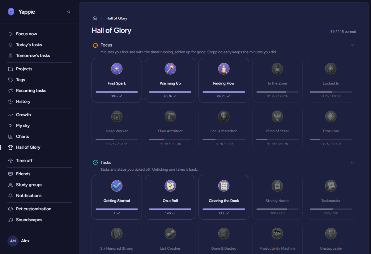 The Hall of Glory on the web, with Focus and Tasks rolled open, each under the line that says how you earn it, and the earned count at the top right